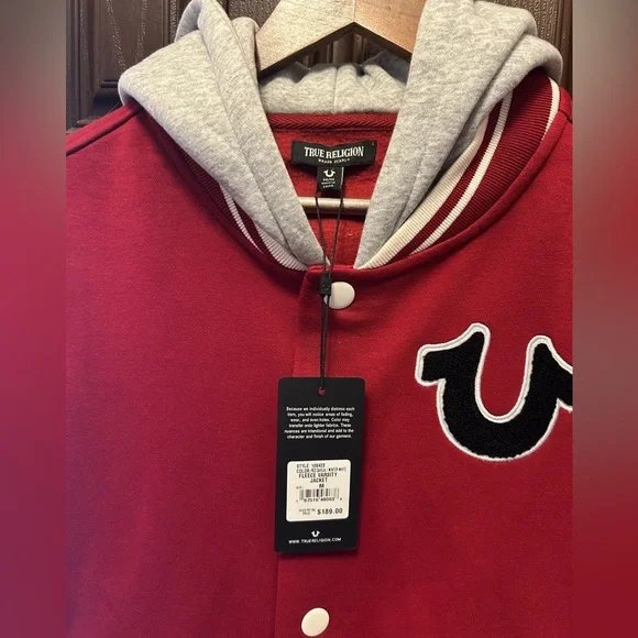True Religion Red and Gray Hooded Fleece Varsity Jacket-Size Medium NWT😀 - Picture 3 of 4